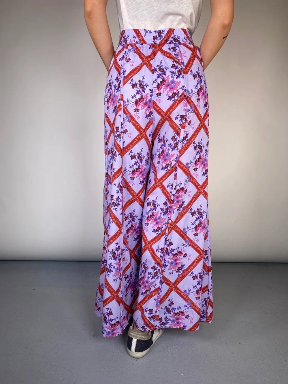 Free People Lavender Floral Wide Leg Pants with Red Lattice - Picture 3 of 9